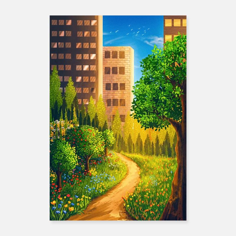 Route verte entre les gratte-ciel Poster 40 x 60 cm