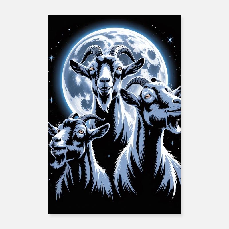Trois chèvres devant la pleine lune et la nuit étoilée Poster 40 x 60 cm