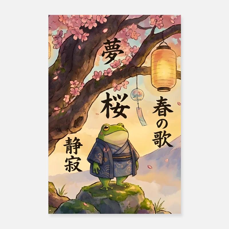 Traditional Japanese Frog Under Sakura Tree Art Poster 16" x 24" (40x60 cm)