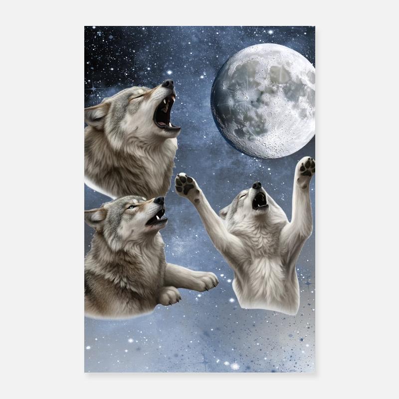 Three wolves howl at the full moon Wolf Poster 16" x 24" (40x60 cm)
