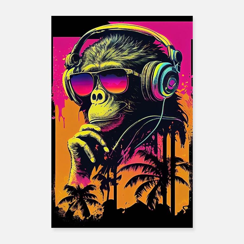 Synthwave Retro Affe mit Sonnenbrille und Musik Poster 40x60 cm