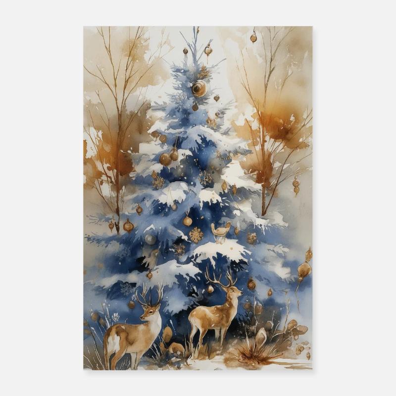 Blauer Weihnachtsbaum und Hirsch Poster 40x60 cm