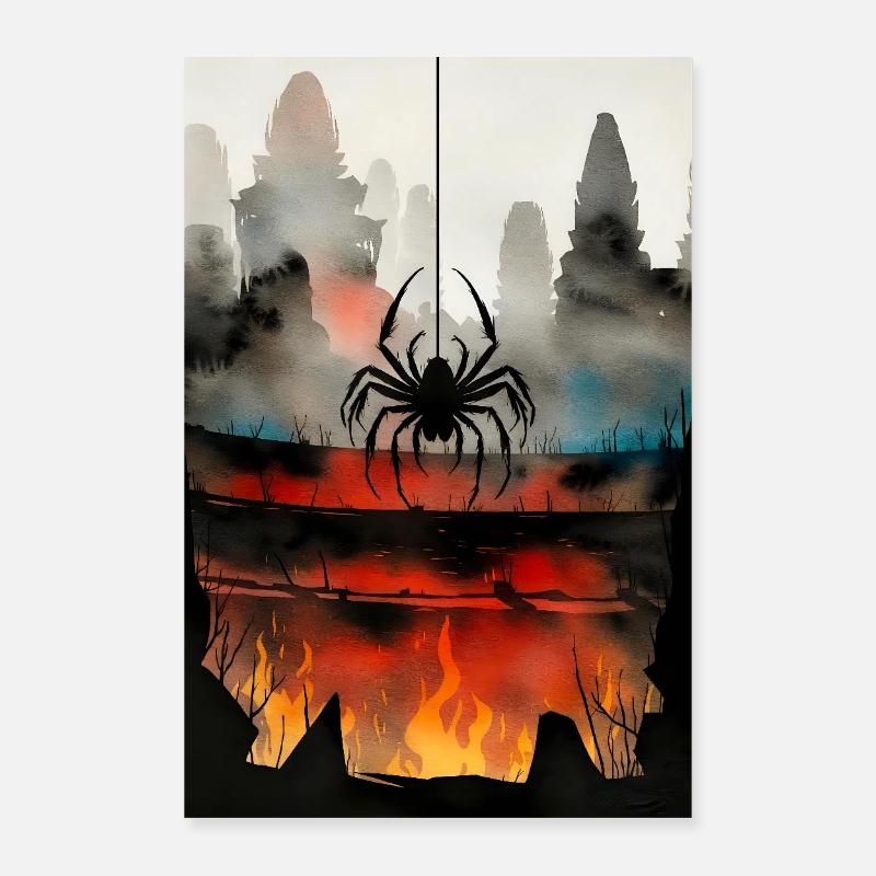 Dark city with tentacle spider in fire Poster 16" x 24" (40x60 cm)