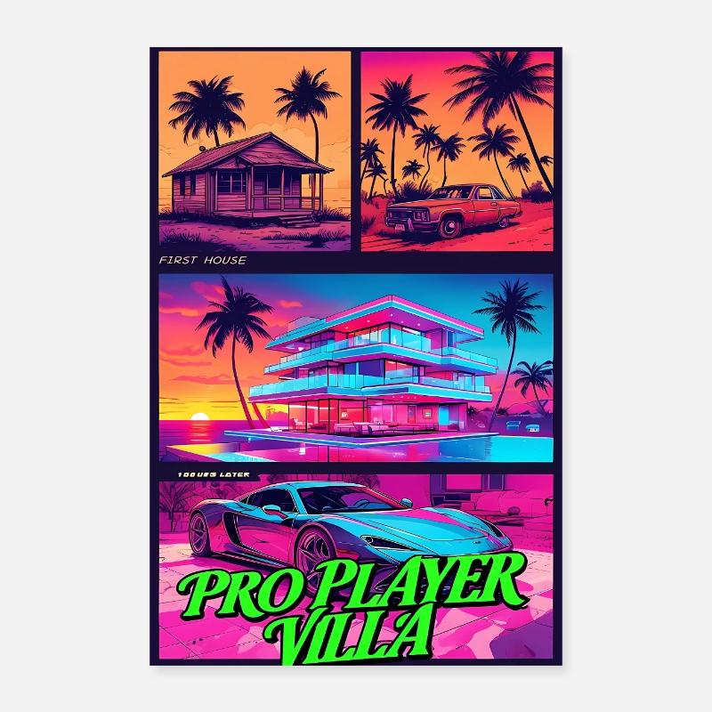 PRO PLAYER VILLA - Neon Synthwave Gaming Art Poster 16" x 24" (40x60 cm)