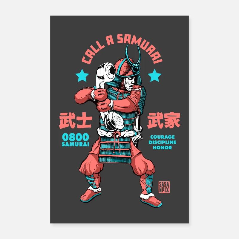 Samurai Retro Fun - Poster 40x60 cm - Weiß