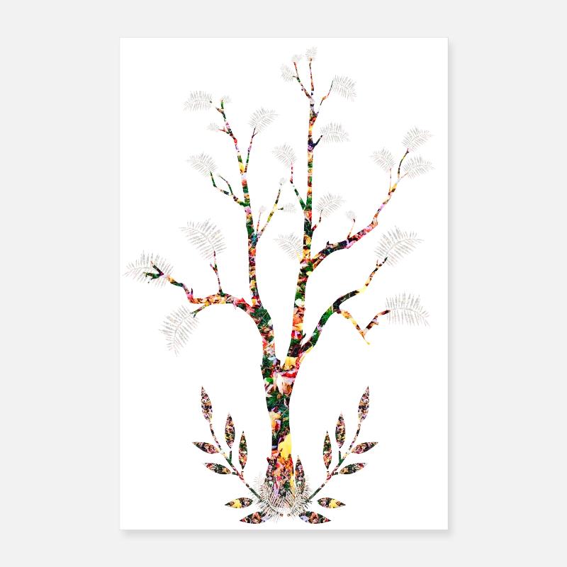 Arbre fleuri feuilles plumes blanches Poster 40 x 60 cm