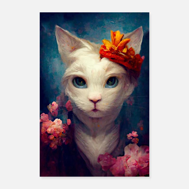 White Turkish Angora Cat Oil Painting Poster 16" x 24" (40x60 cm)