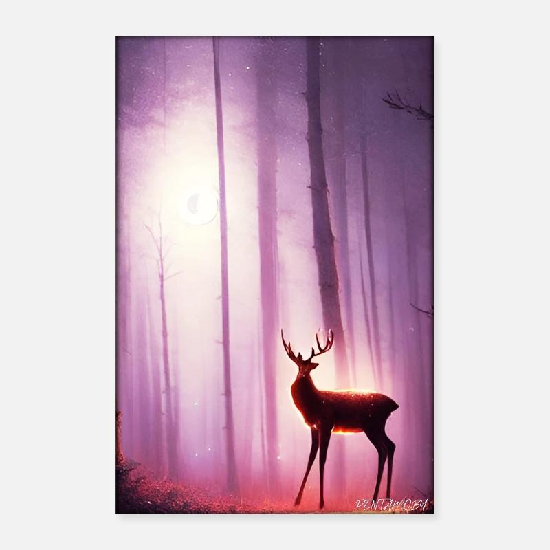 Hirsch Mond Mondlicht Wald Winter Schnee Waldtier Poster 40x60 cm