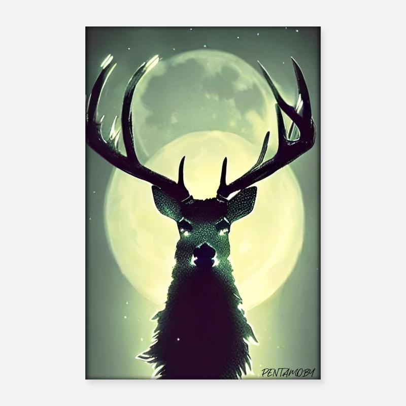 Deer Moon Moonlight Forest Winter Snow Forest Animal Poster 16" x 24" (40x60 cm)