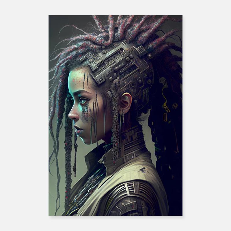 Dreadlock Cyborg Girl - AI generated - Poster 40x60 cm - Weiß
