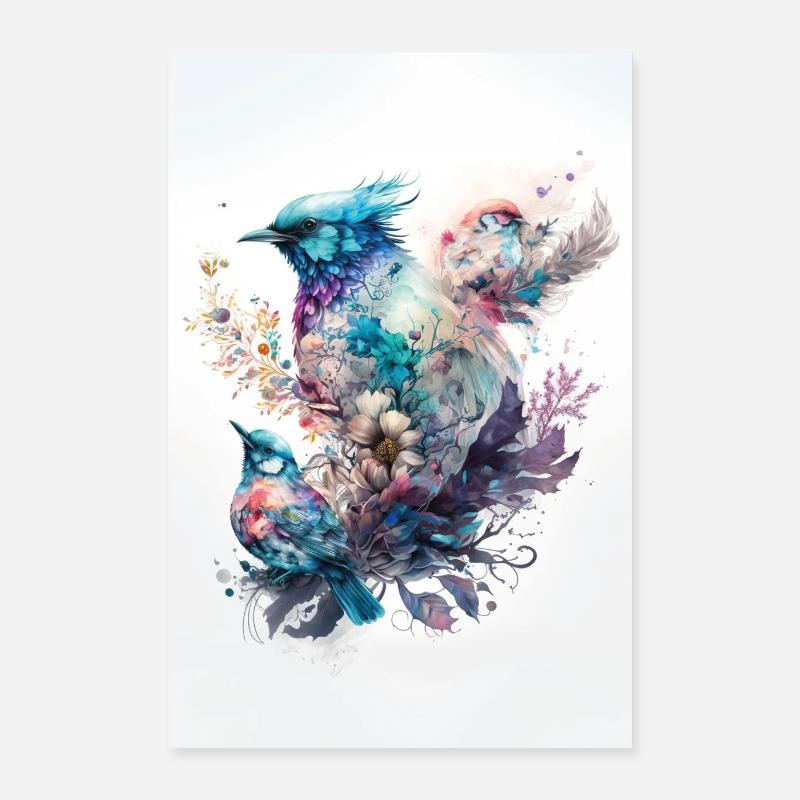 Fantasie Vögel - Poster 40x60 cm - Weiß