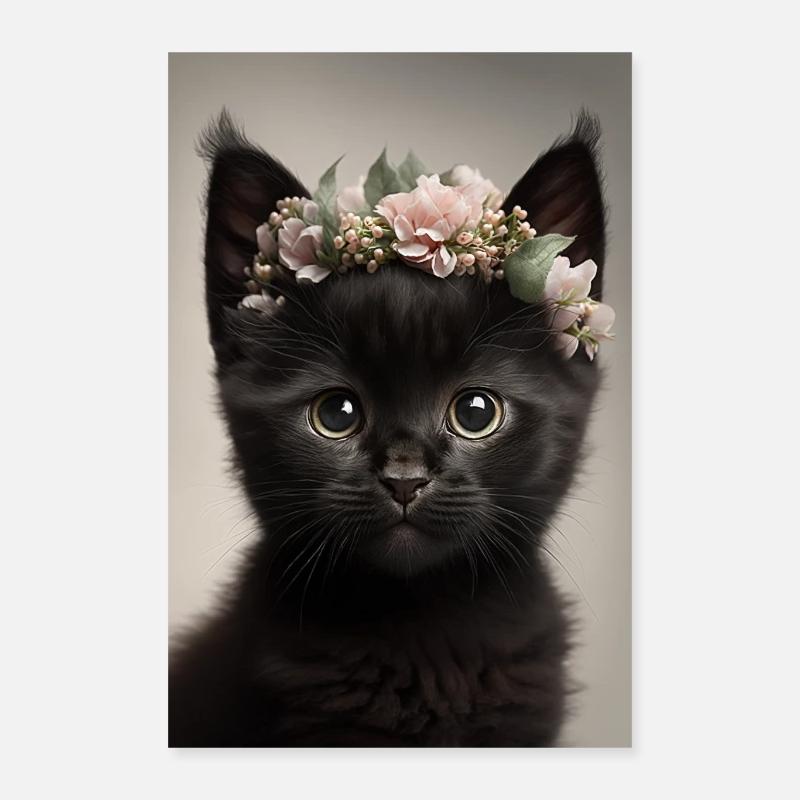 Schwarze Katze Blumenkranz Kitten Katzen Poster - Poster 40x60 cm - Weiß