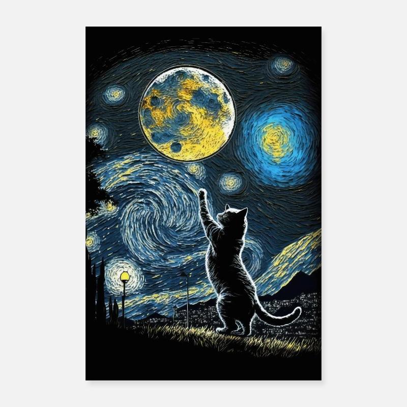 Cat Van Gogh Style Moon Stars Night Kitty Poster 16" x 24" (40x60 cm)