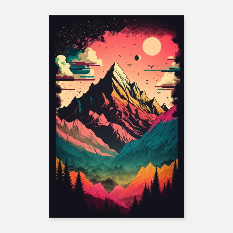 Mountains Minimalism Abstract Forest Animals Retro Trend Poster 16" x 24" (40x60 cm)