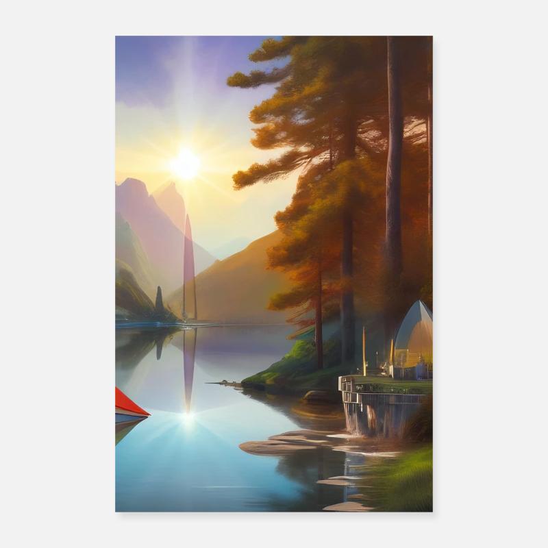 Landschaft mit See, Sonne, Boot und Berge Poster 40x60 cm