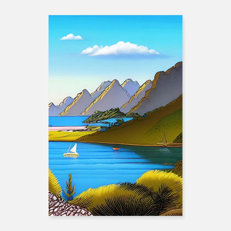 Landschaft mit See, Boot und Berge Poster 40x60 cm