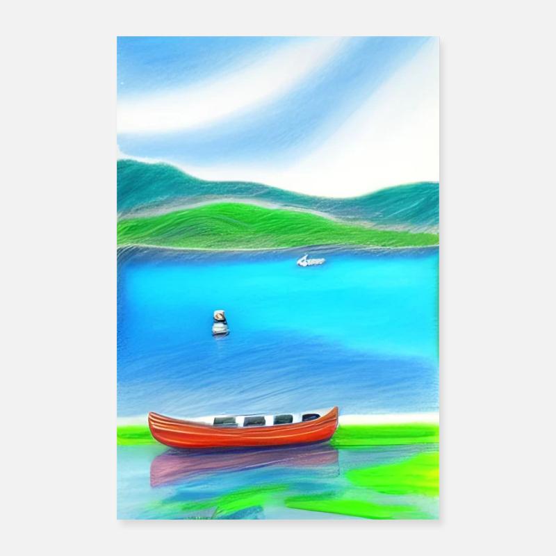 Landschaft mit See, Boot und Berge Poster 40x60 cm