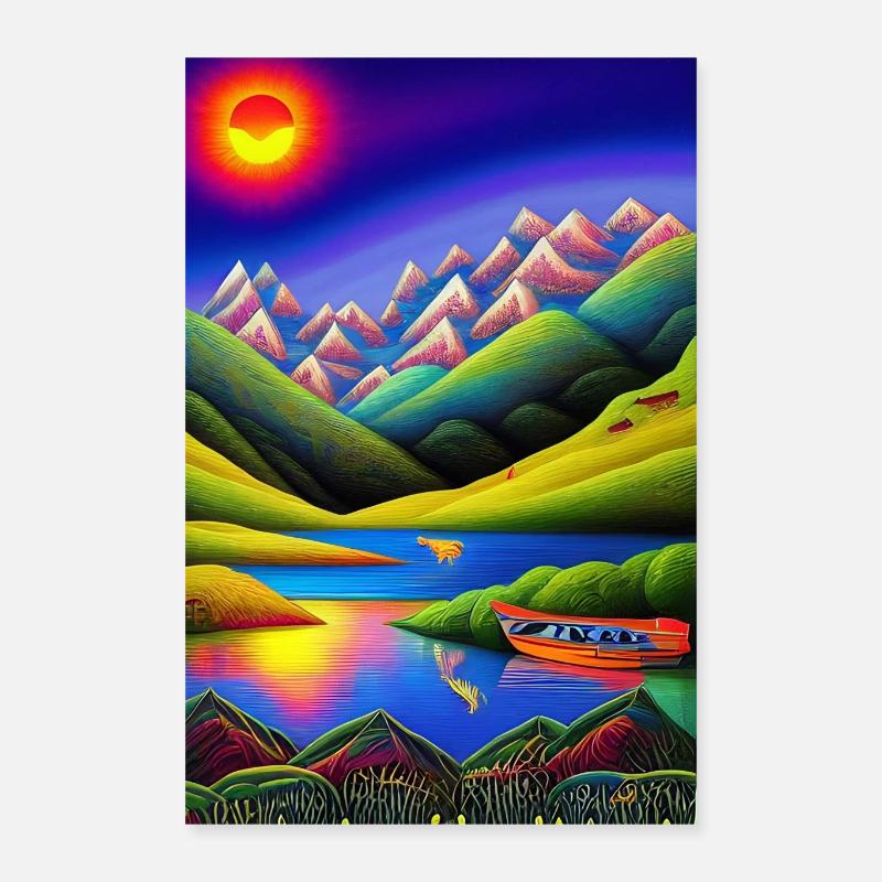 Landschaft mit See, Boot und Berge Poster 40x60 cm