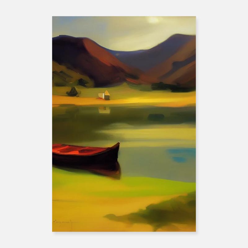 Paysage avec lac, bateau et montagnes Poster 40 x 60 cm