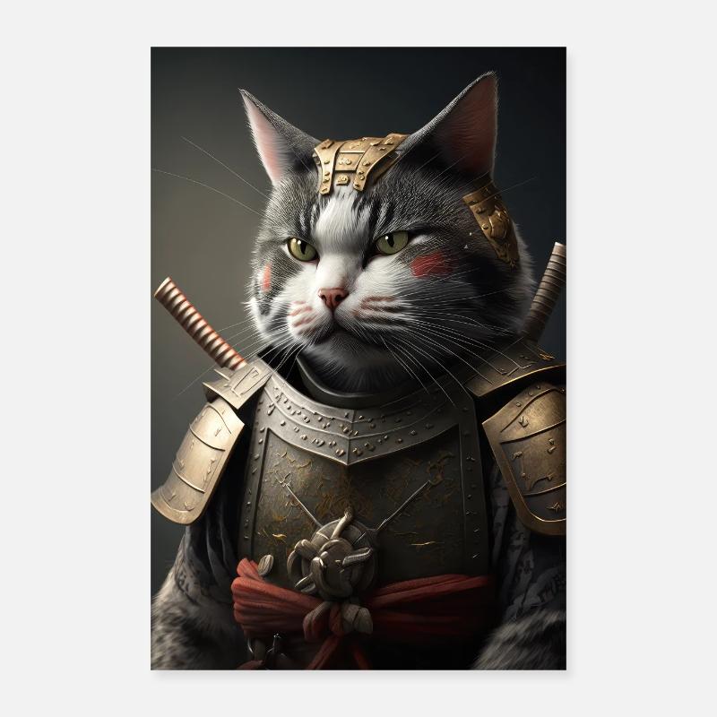 Samouraï Chat Chat Cool Japon Guerrier Poster 40 x 60 cm