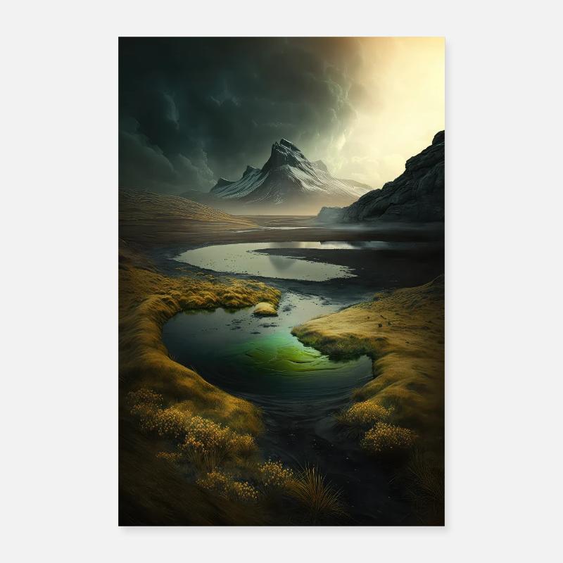 Surrelistic landscape mountains river pond meadows Poster 16" x 24" (40x60 cm)