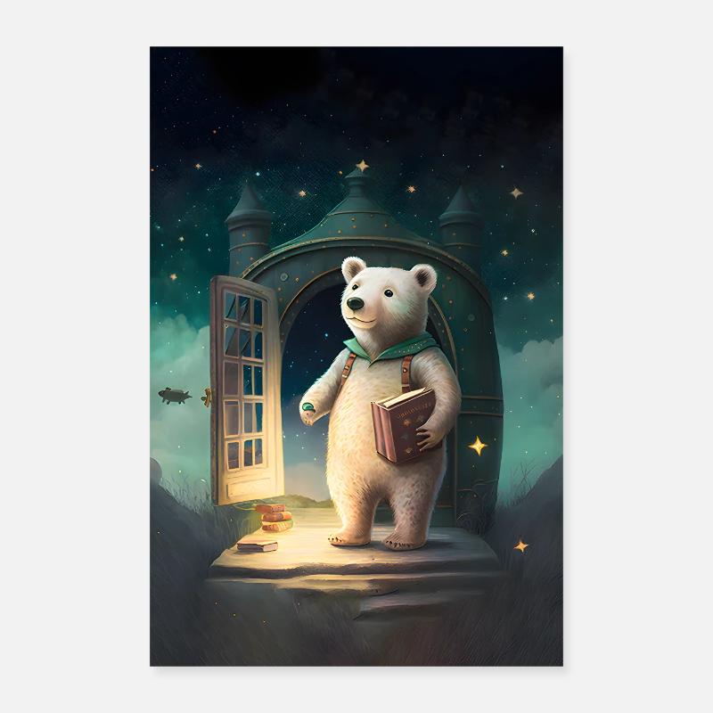 Petit ours blanc avec des livres devant sa hutte - Poster 40 x 60 cm - blanc