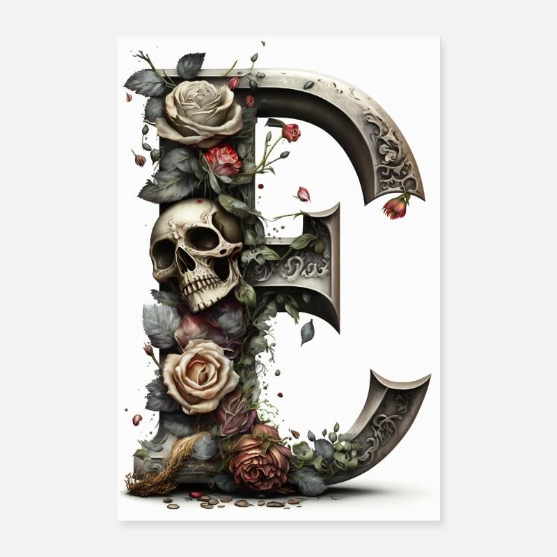 Letter E gothic Skull Flowers Art Deco Skull Poster 16" x 24" (40x60 cm)