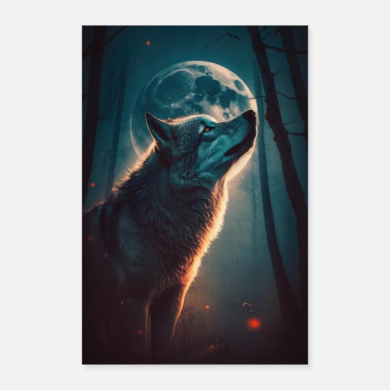 Wolf at full moon - Poster 16" x 24" (40x60 cm) - white