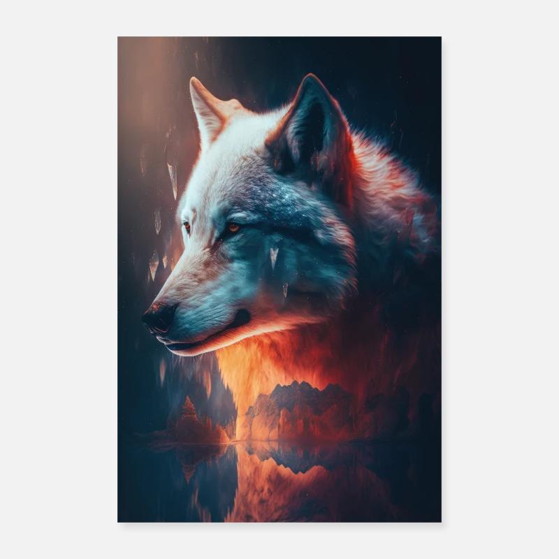 Wolf Feuer und Eis - Poster 40x60 cm - Weiß