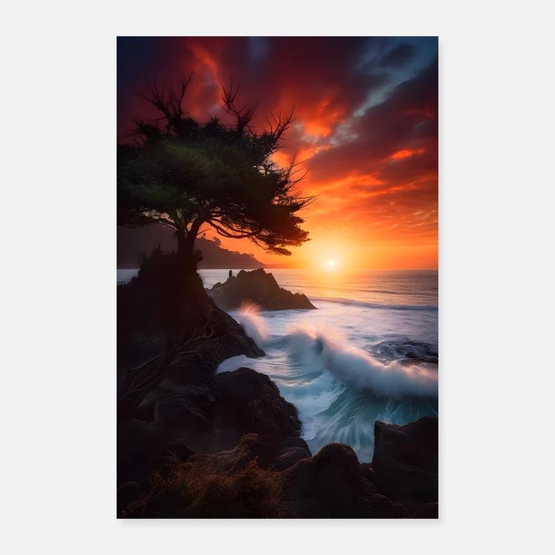 Sunset Waves Sea Rocks Poster 16" x 24" (40x60 cm)