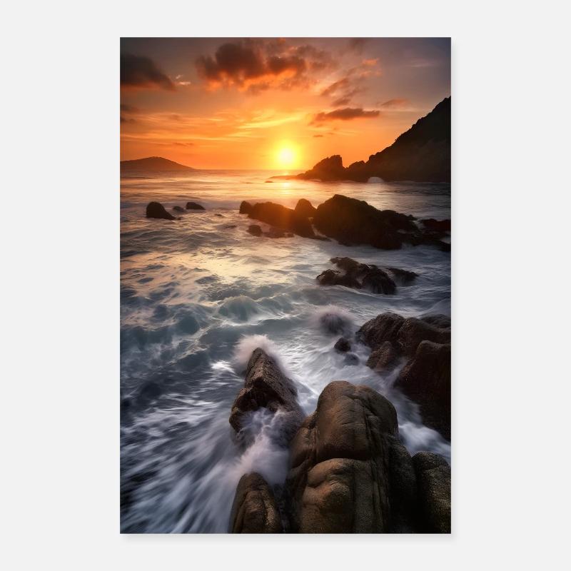 Coucher de soleil Vagues Roches de mer Poster 40 x 60 cm