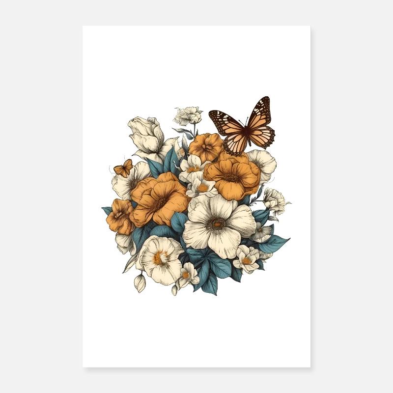 Art floral, Fleur, Fleurs | Papillon, Boho Poster 40 x 60 cm