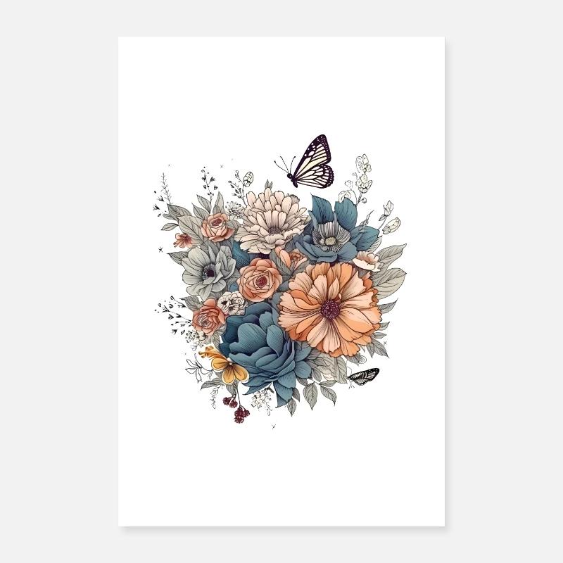 Blumenkunst, Blume, Blumen | Schmetterling, Boho Poster 40x60 cm