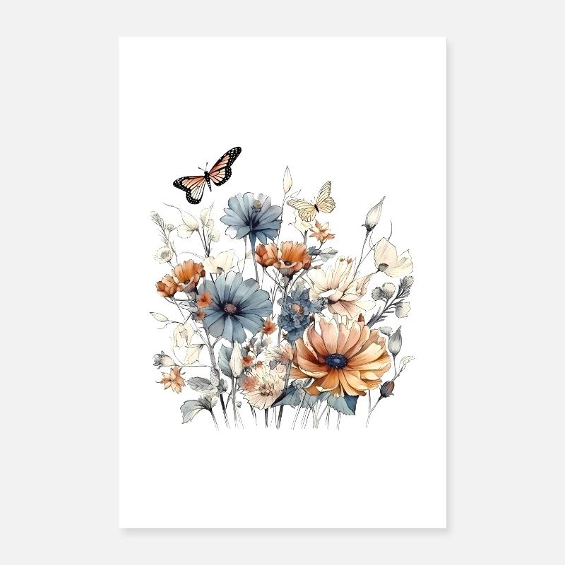 Art floral, Fleur, Fleurs | Papillon, Boho - Poster 40 x 60 cm - blanc