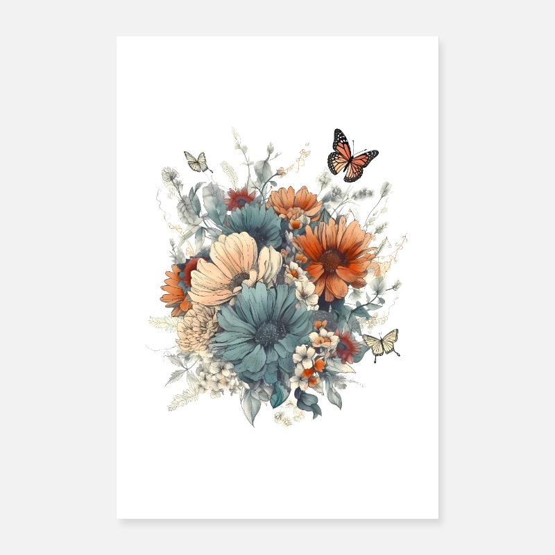 Art floral, Fleur, Fleurs | Papillon, Boho Poster 40 x 60 cm