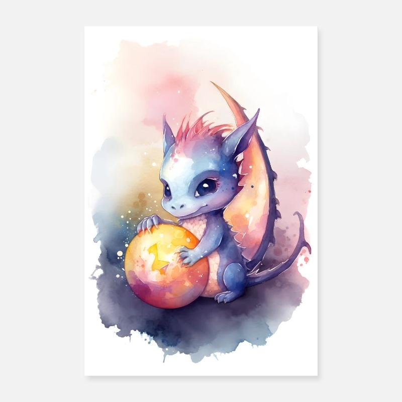 Mignon dragon aquarelle bleu - Poster 40 x 60 cm - blanc