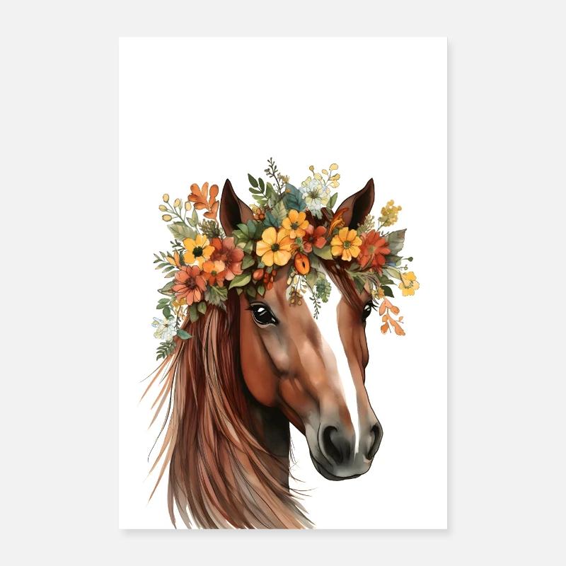 Cheval marron avec des fleurs Poster 40 x 60 cm