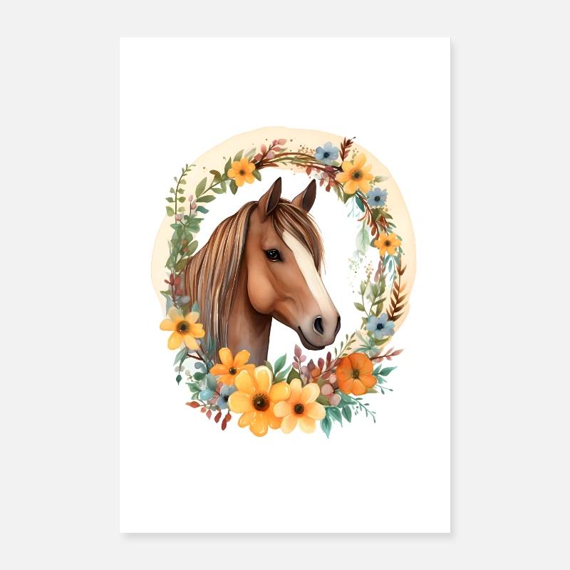 Cheval marron avec des fleurs Poster 40 x 60 cm