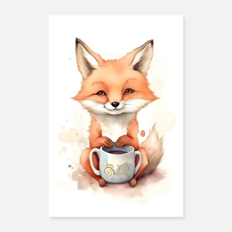 Renard du matin avec café - Poster 40 x 60 cm - blanc
