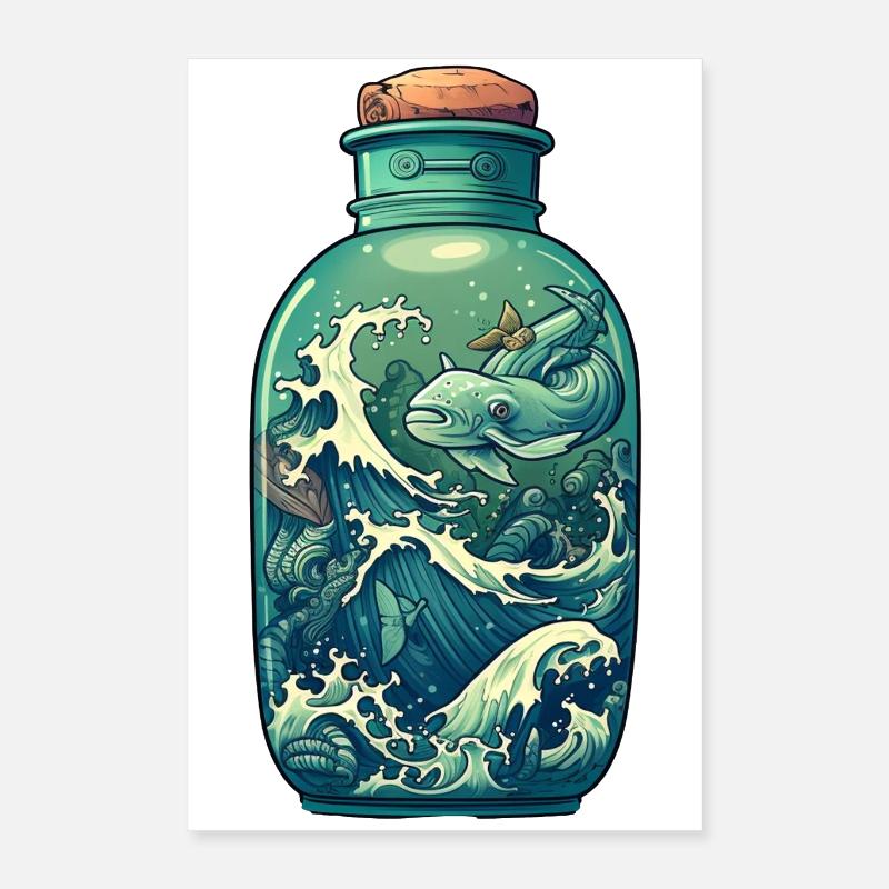 Ocean Bottle Drawing Poster 16" x 24" (40x60 cm)