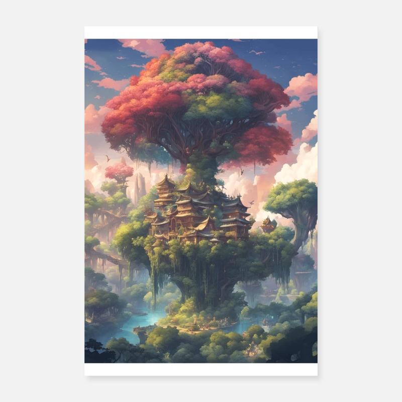 Mystischer Baum mit Häusern Poster 40x60 cm