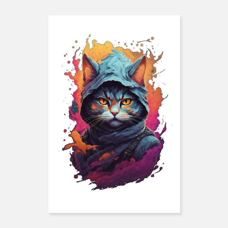Feuriger Katzenkrieger: Detaillierte Ninja-Katze Poster 40x60 cm