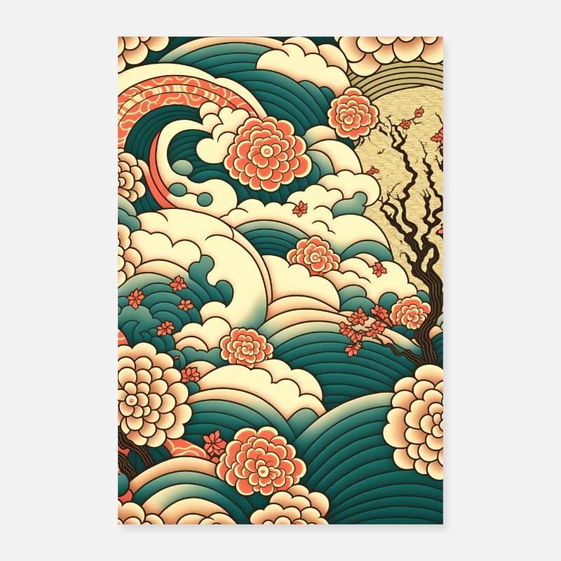 Wave Roses Ukiyo Clouds Pattern Poster 16" x 24" (40x60 cm)