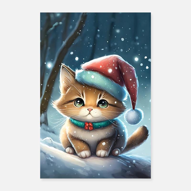 chat mignon, poster chat, affiche noël - Poster 40 x 60 cm - blanc