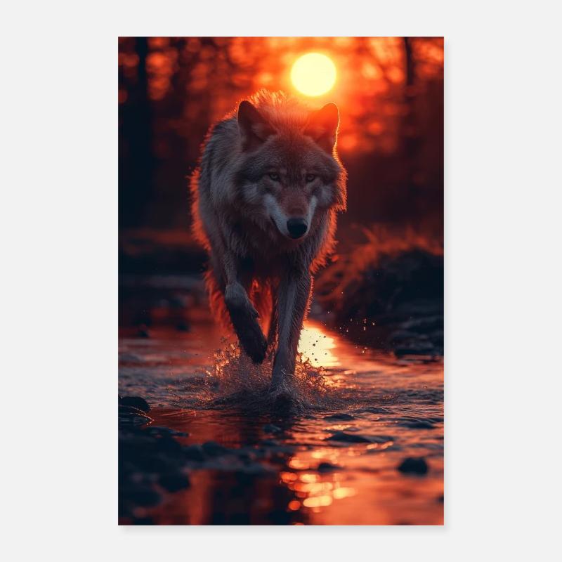Wolf in the river at dusk Poster 16" x 24" (40x60 cm)
