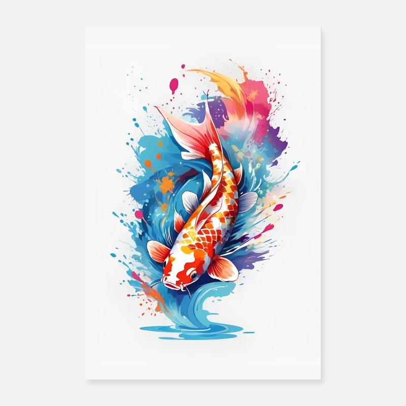 Affiche de carpes koï colorées sur des éclaboussures de couleur Poster 40 x 60 cm