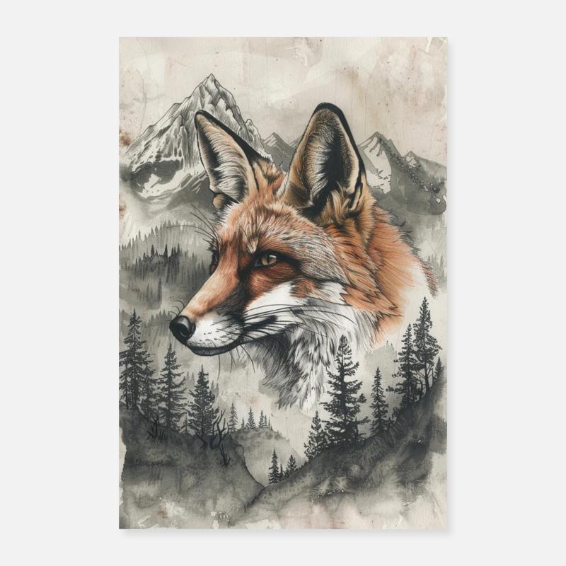 Fox Head Fox Foxes Forest Mountain Nature Poster 16" x 24" (40x60 cm)
