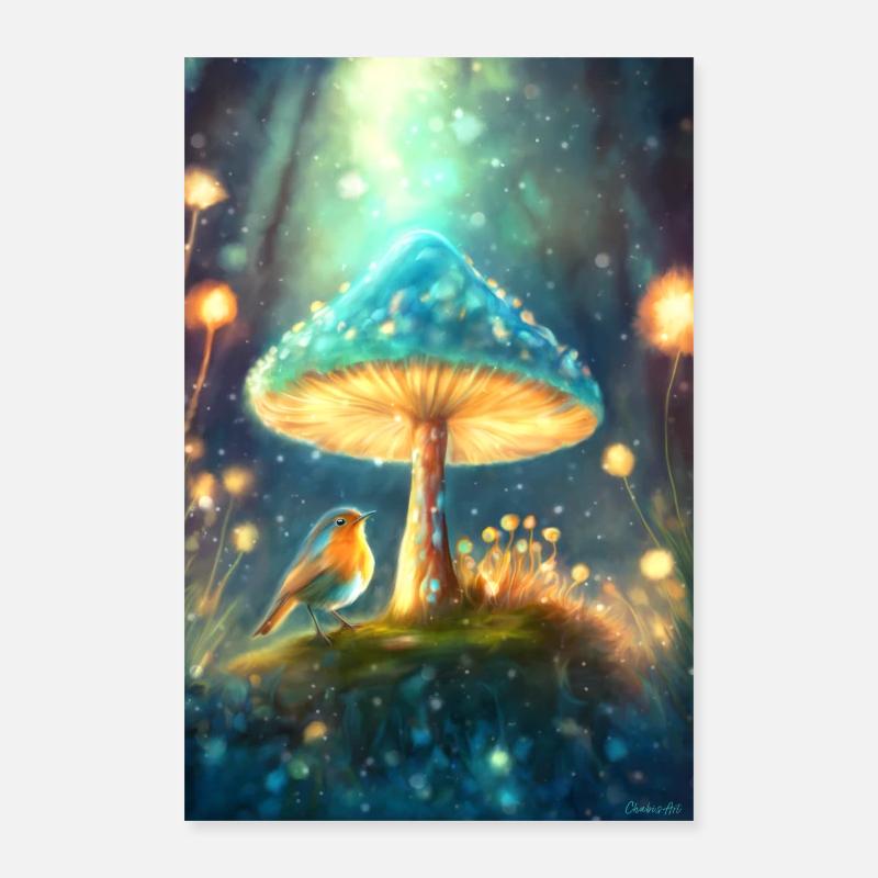 Merle magique sous un champignon Poster 40 x 60 cm