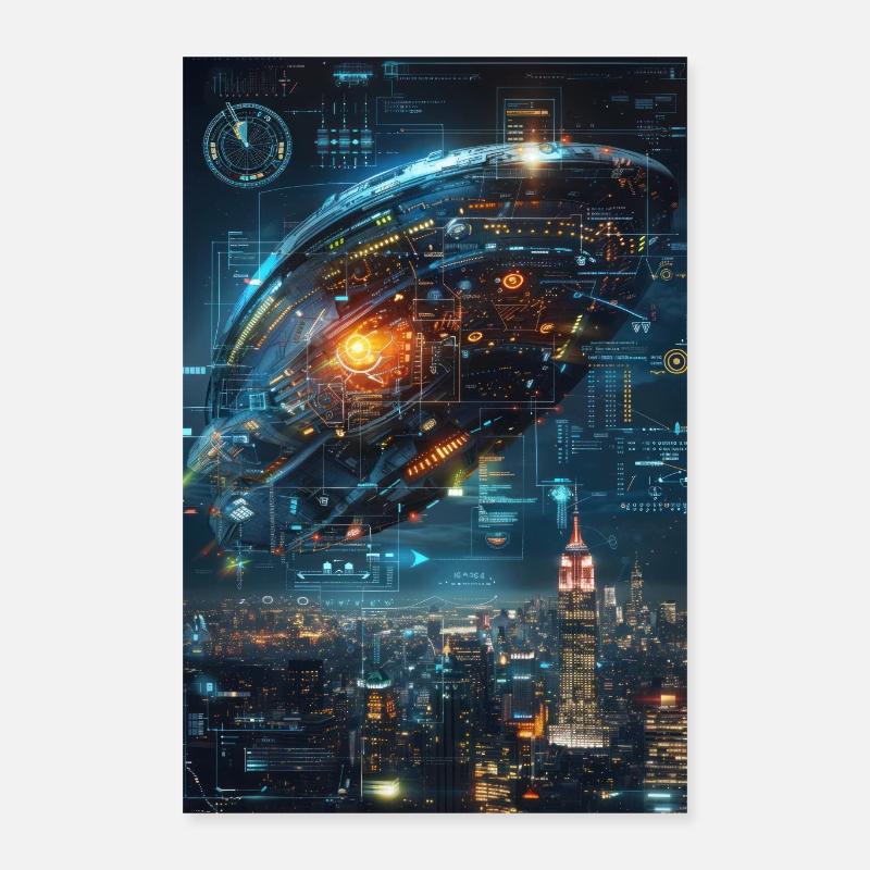 Futuristic Spaceship Over Sci-Fi Cityscape Poster 16" x 24" (40x60 cm)