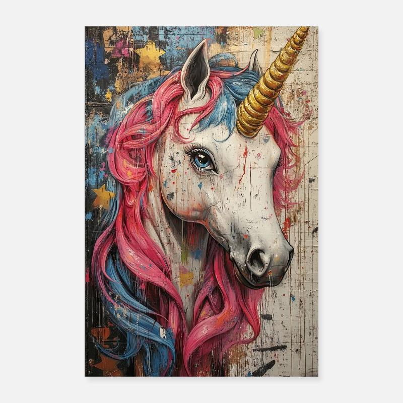 Einhorn Graffiti Neonfarben - Poster 40x60 cm - Weiß
